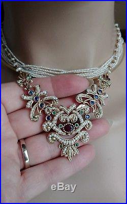 Victorian 14k Gold Blue Sapphire Ruby Seed Pearl Set Earrings Bracelet Necklace