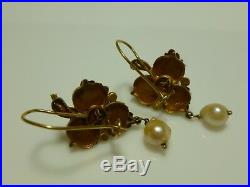 Victorian 14k Yellow Gold Pearl Dangle Leaf Clover Earrings Pair Set 1.25