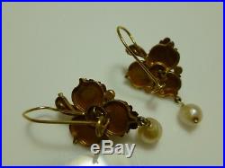 Victorian 14k Yellow Gold Pearl Dangle Leaf Clover Earrings Pair Set 1.25