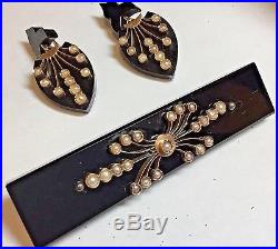 Victorian 15K Gold Onyx & Natural Seed Pearls Mourning Brooch & EARRING set MINT
