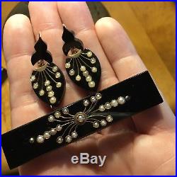 Victorian 15K Gold Onyx & Natural Seed Pearls Mourning Brooch & EARRING set MINT