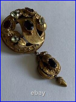 Victorian 15ct Gold Etruscan Chrysolite & Amethyst Set Drop Brooch
