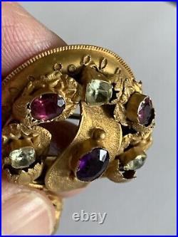 Victorian 15ct Gold Etruscan Chrysolite & Amethyst Set Drop Brooch