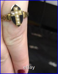 Victorian 15ct Gold, Religious memento Mori Mourning Ring Set, Pearls And Enamel