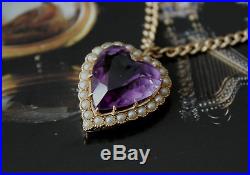 Victorian 15ct Gold Seed Pearl & c Amethyst Set Heart Pendant