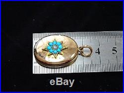 Victorian 15ct Gold turqoise and split pearl Set Oval Hinged Locket