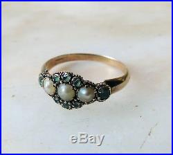 Victorian 18 ct carat GOLD RING set with pearls & emeralds antique 1850