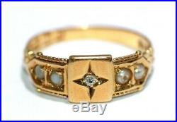 Victorian 18 ct yellow gold star set diamond and pearl ring size N date 1900
