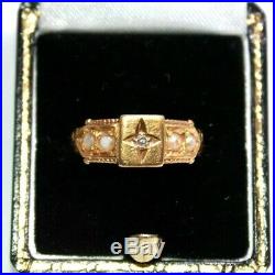 Victorian 18 ct yellow gold star set diamond and pearl ring size N date 1900