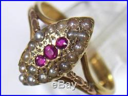 Victorian 1898 Chester H'm 15ct Gold 3 Ruby & 18 Pearl Set Dress Ring U. K size O