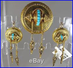 Victorian 18K Yellow Gold Turquoise Seed Pearl Dangle Earrings Brooch set