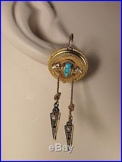 Victorian 18K Yellow Gold Turquoise Seed Pearl Dangle Earrings Brooch set