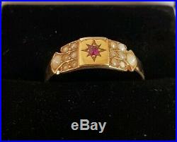 Victorian 18ct Yellow Gold Dress ring. Claw set with a Ruby & Seed pearls. C1886