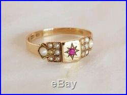 Victorian 18ct Yellow Gold Dress ring. Claw set with a Ruby & Seed pearls. C1886