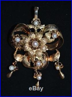 Victorian 19th Century 14K Gold and Pearl Set of Earrings and Pendant