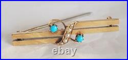 Victorian 9ct Gold Bar brooch. Etruscan design. Set with turquoise & seed pearls