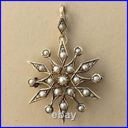 Victorian 9ct Gold Natural Seed Pearl Set Star Brooch/ Pendant with Pearl Bale