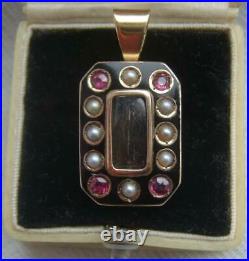 Victorian 9ct Gold Seed Pearl Pink Gem Set Black Enamel Mourning Locket Pendant