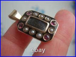 Victorian 9ct Gold Seed Pearl Pink Gem Set Black Enamel Mourning Locket Pendant