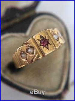 Victorian Antique Yellow Gold 15ct Ruby And Pearl Set Hallmarked Ring 1882