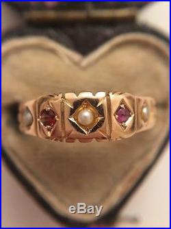 Victorian Antique Yellow Gold 15ct Ruby And Pearl Set Pretty Ring
