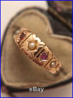 Victorian Antique Yellow Gold 15ct Ruby And Pearl Set Pretty Ring