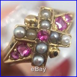 Victorian Antique Yellow Gold Crossover Ruby And Pearl Set Pretty Ring