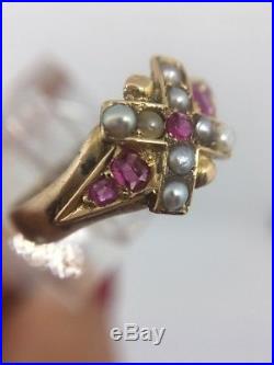 Victorian Antique Yellow Gold Crossover Ruby And Pearl Set Pretty Ring