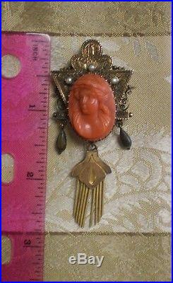 Victorian Coral Cameo 14K Gold Seed Pearl Ornate Brooch Earring Set 20.5 Grams