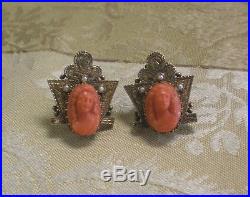 Victorian Coral Cameo 14K Gold Seed Pearl Ornate Brooch Earring Set 20.5 Grams