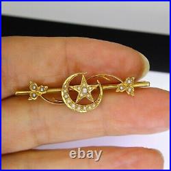 Victorian Crescent Moon & Star Pearl set 15ct Yellow Gold Trefoil Brooch