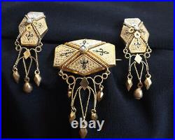 Victorian Gold Filled Taille D Epargne Chatelaine Brooch Earring Set -Seed Pearl