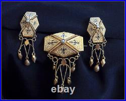 Victorian Gold Filled Taille D Epargne Chatelaine Brooch Earring Set -Seed Pearl