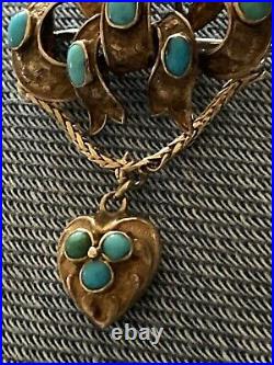 Victorian Gold Lovers Knot & Heart Drop Brooch Set With Turquoise