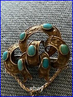 Victorian Gold Lovers Knot & Heart Drop Brooch Set With Turquoise