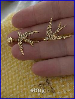 Victorian Gold & Pearl Swallow Pair Bar Brooch Set With Ruby Eyes