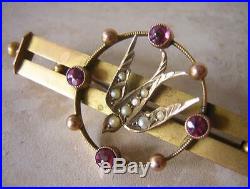 Victorian Gold Swallow Brooch Pin Set With Rubies & Pearls Sentimental Jewellery
