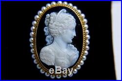 Victorian Hard Stone Cameo Brooch Pendant & Earring Set 14K Gold & Pearls