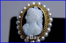 Victorian Hard Stone Cameo Brooch Pendant & Earring Set 14K Gold & Pearls