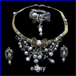 Victorian Necklace Earrings Brooch Mourning Set Gold Diamond Pearl Enamel (6862)