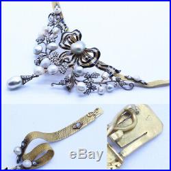 Victorian Necklace Earrings Brooch Mourning Set Gold Diamond Pearl Enamel (6862)