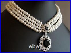 Victorian Pearl, Onyx, Diamond 14K White Gold Over Choker Necklace & Earrings Set