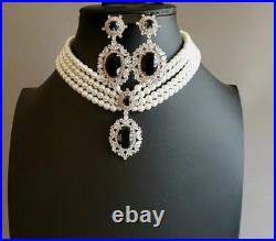 Victorian Pearl, Onyx, Diamond 14K White Gold Over Choker Necklace & Earrings Set