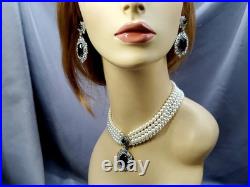 Victorian Pearl, Onyx, Diamond 14K White Gold Over Choker Necklace & Earrings Set