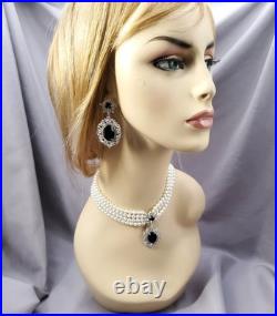 Victorian Pearl, Onyx, Diamond 14K White Gold Over Choker Necklace & Earrings Set