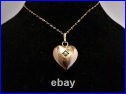Victorian Puffy Heart Pendant Necklace Seed Pearl Set Rolled Rose Gold 9ct Chain