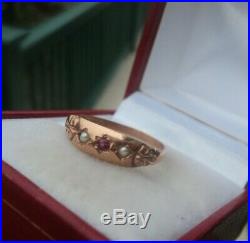 Victorian STYLE 9ct Rose Gold, Ruby & Pearl Gypsy Set Ring h/m 1989 size P