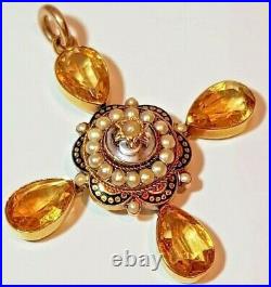 Victorian Topaz Pendant, Rock crystal, Pearls and Enamel, Set in Gold