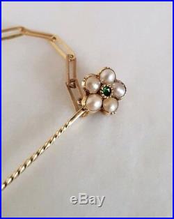 Victorian Yellow Gold stick Pins. Collet set with a central Emerald & Seed Pearls