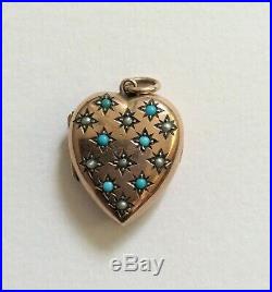 Victorian gold seed pearl and turquoise set heart shaped locket